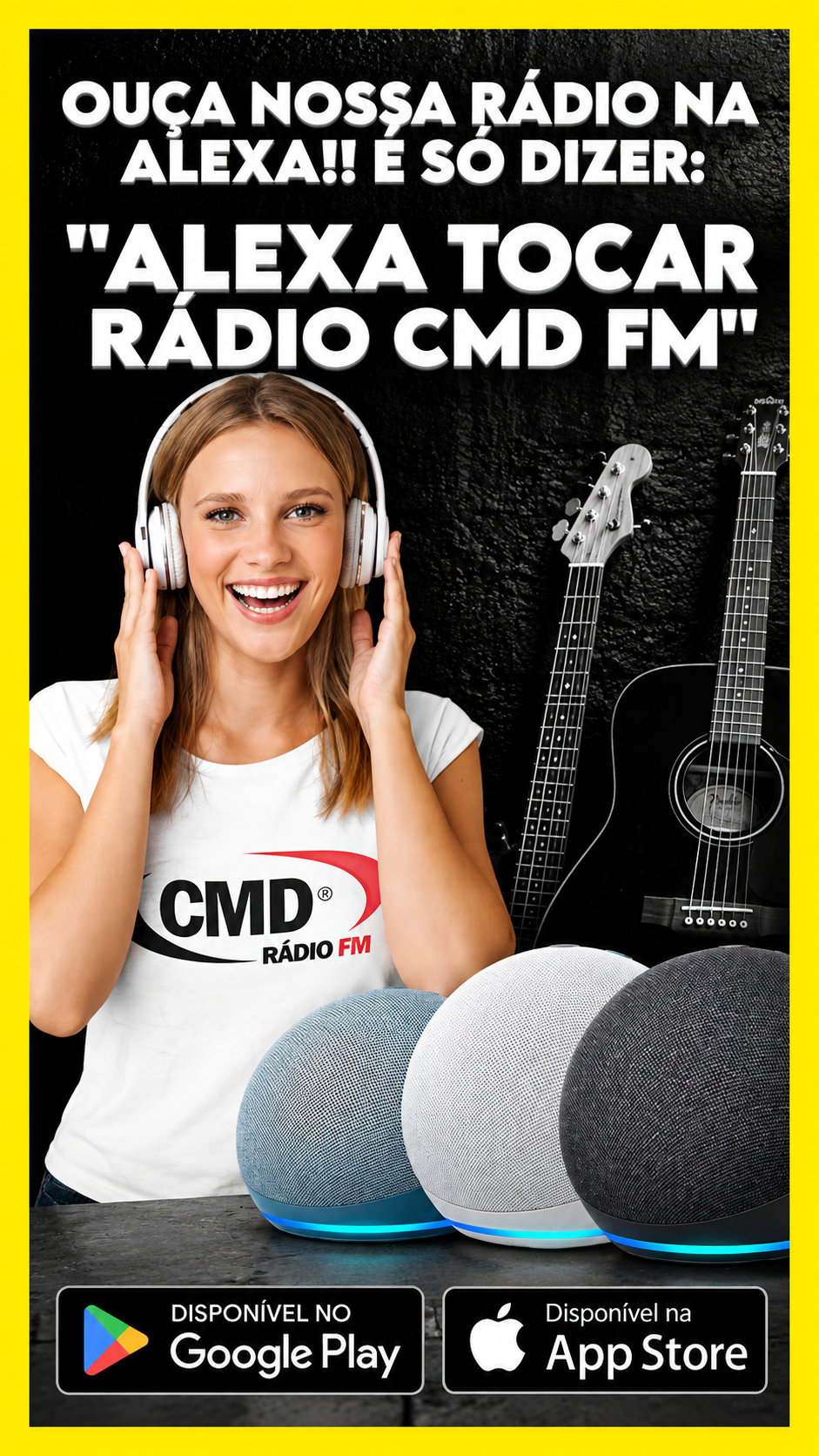 Mulher com fone de ouvido ouvindo rádio CMD FM